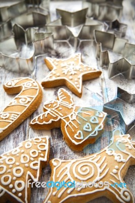 Christmas Gingerbread Cookies And Metal Cookie Cutters On White Stock Photo