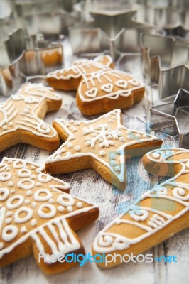 Christmas Gingerbread Cookies And Metal Cookie Cutters On White Stock Photo