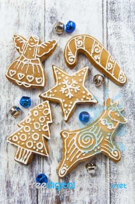 Christmas Gingerbread Cookies On White Table Stock Photo