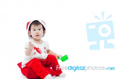 Christmas Girl Sitting And Waiting Stock Photo