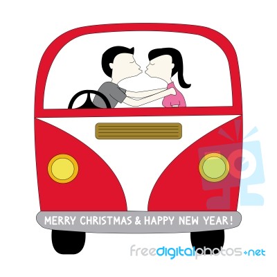 Couple In Camper Van Christmas Greeting Stock Image