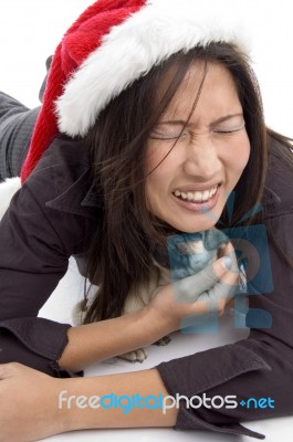 Christmas Lady Lying With Puppy Stock Photo