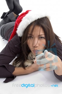 Christmas Lady Lying With Puppy Stock Photo