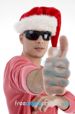 Christmas Male Showing Thumb Up Stock Photo