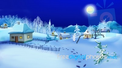 Christmas Night In Old Traditional Ukrainian Village Stock Image