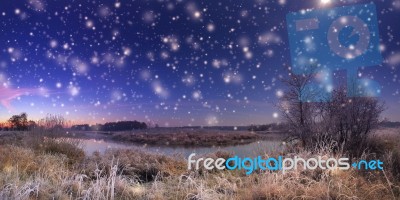 Christmas Night With Snowfall Stock Photo