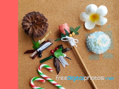 Christmas Ornaments Decoration On Cork Board Stock Photo