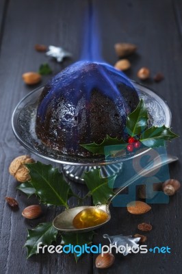 Christmas Pudding With Holly Twig Stock Photo