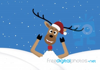 Christmas Reindeer Lie In Snow Hill Background Stock Image