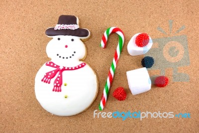 Christmas Snow Man Cookie With Candy Cane And Marshmallow Stock Photo