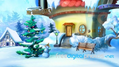 Christmas Tree And Snowman Near A Fairy Tale House Stock Image