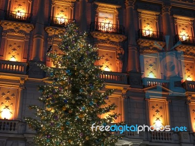 Christmas Tree In Front Of A Bright Building Stock Photo