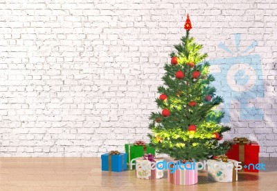 Christmas Tree In White Room Stock Image