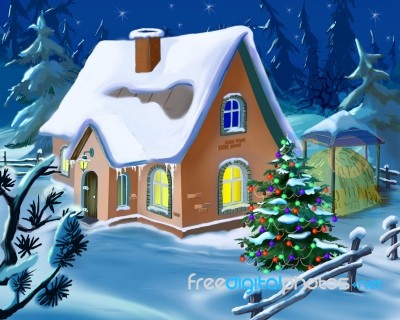 Christmas Tree Near A Small Cottage At New Year Eve Stock Image