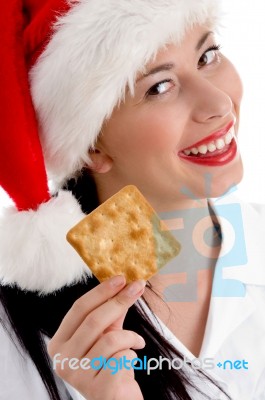 Christmas Woman Holding Biscuit Stock Photo