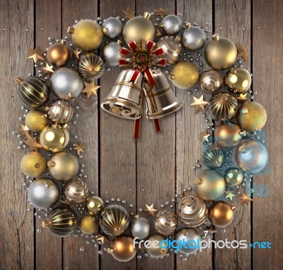 Christmas Wreath Over Wood Background Stock Photo