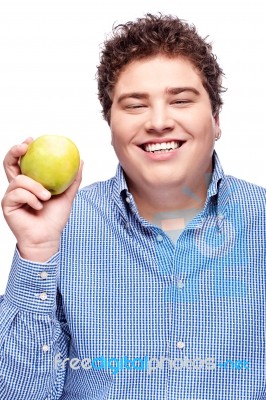 Chubby Man Holding Apple Stock Photo