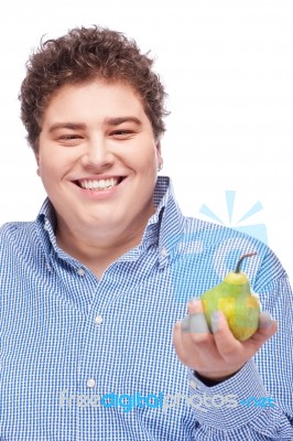 Chubby Man Holding Pear Stock Photo