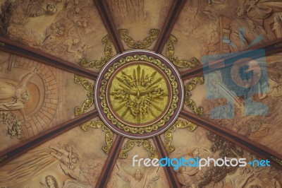 Church Dome Interior Gold Painted Dove With Paintings All Around… Stock Photo