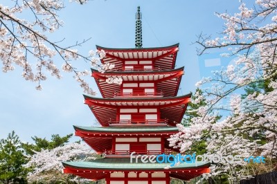 Chureito Pagoda During Spring Season, Japan Stock Photo