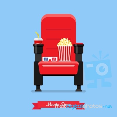 Cinema Seat With Popcorn Drink And Glasses Stock Image