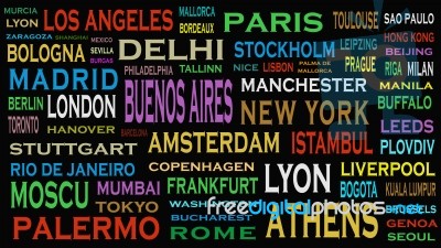 Cities Of The World, Travel Destinations Word Cloud Concept Stock Image