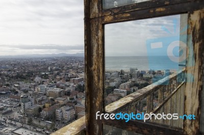 City Reflected On A Rusty Mirror Stock Photo