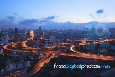 City Scape And Beautiful Traffic Light On Expressways In Heart O… Stock Photo