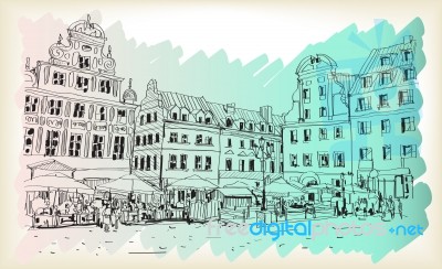 City Scape Drawing Sketch In Poland Downtown Stock Image