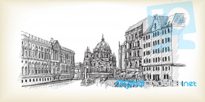 City Scape In Germany. Berlin Cathedral. Old Building Hand Drawn… Stock Image