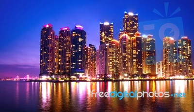 Cityscape And Gwangan Bridge In Busan, South Korea Skyline Stock Photo