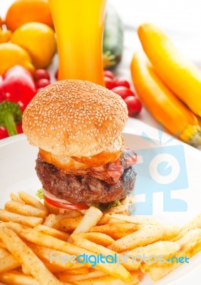 Classic Hamburger Sandwich And Fries Stock Photo