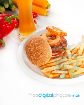 Classic Hamburger Sandwich And Fries Stock Photo