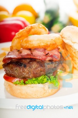 Classic Hamburger Sandwich And Fries Stock Photo