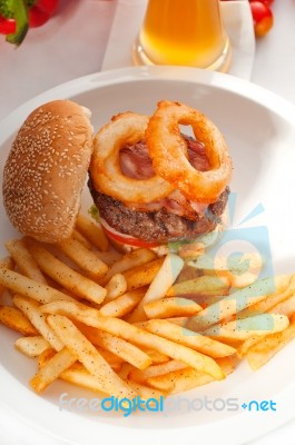 Classic Hamburger Sandwich And Fries Stock Photo