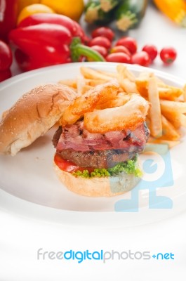 Classic Hamburger Sandwich And Fries Stock Photo