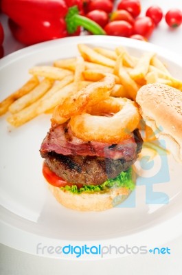 Classic Hamburger Sandwich And Fries Stock Photo