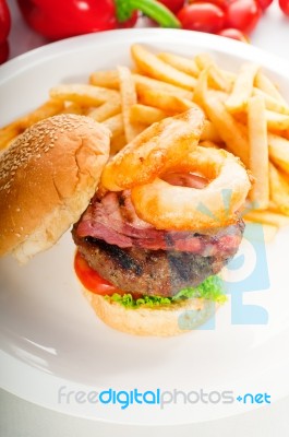 Classic Hamburger Sandwich And Fries Stock Photo