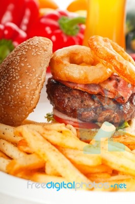 Classic Hamburger Sandwich And Fries Stock Photo