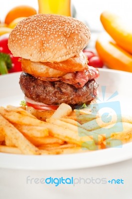 Classic Hamburger Sandwich And Fries Stock Photo