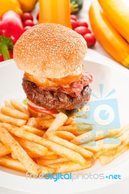 Classic Hamburger Sandwich And Fries Stock Photo