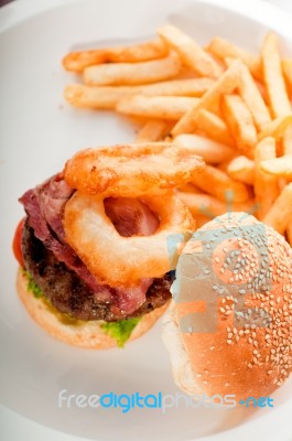 Classic Hamburger Sandwich And Fries Stock Photo