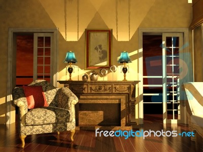 Classic Living Room Interior In Dusk Light Stock Image