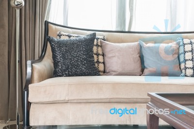 Classic Sofa Style With Pillows In Luxury Living Room Stock Photo