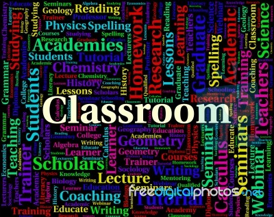 Classroom Word Indicates College Classes And Academies Stock Image