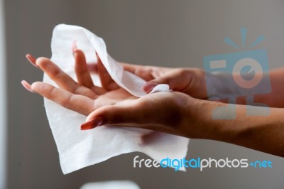 Cleaning Hands With Wet Wipes Stock Photo