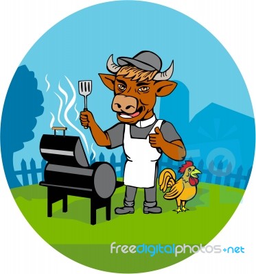 Clergy Cow Minister Barbecue Chef Rooster Caricature Stock Image