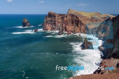 Cliffs At St Lawrence Madeira Showing Unusual Vertical Rock Form… Stock Photo