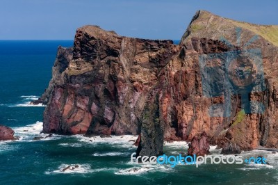 Cliffs At St Lawrence Madeira Showing Unusual Vertical Rock Form… Stock Photo