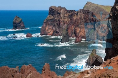 Cliffs At St Lawrence Madeira Showing Unusual Vertical Rock Form… Stock Photo